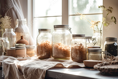 Zero waste rural kitchen concept. Mason jars, sharing concept. Generative AI