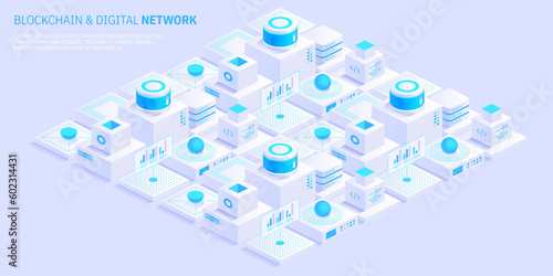 Abstract blockchain and digital cloud network technology background. Artificial intelligence, deep learning and big data concept. Quantum technology. Isometric tech visual for screen pattern template.