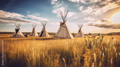 Illustration of First Nations tipis on the open prairies of North America. Generative AI.  © Jeff Whyte