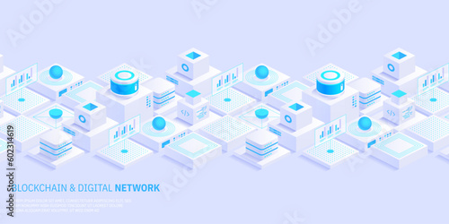 Abstract blockchain and digital cloud network technology background. Artificial intelligence, deep learning and big data concept. Quantum technology. Isometric tech visual for screen pattern template.
