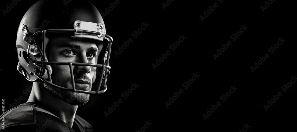 Black and white photorealistic studio portrait of an American football player on black background. Generative AI illustration