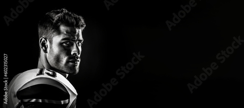 Black and white photorealistic studio portrait of an American football player on black background. Generative AI illustration photo