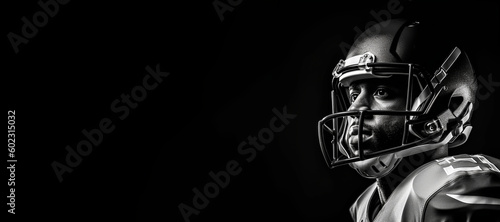 Black and white photorealistic studio portrait of an American football player on black background. Generative AI illustration © JoelMasson