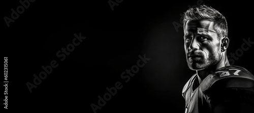 Black and white photorealistic studio portrait of an American football player on black background. Generative AI illustration