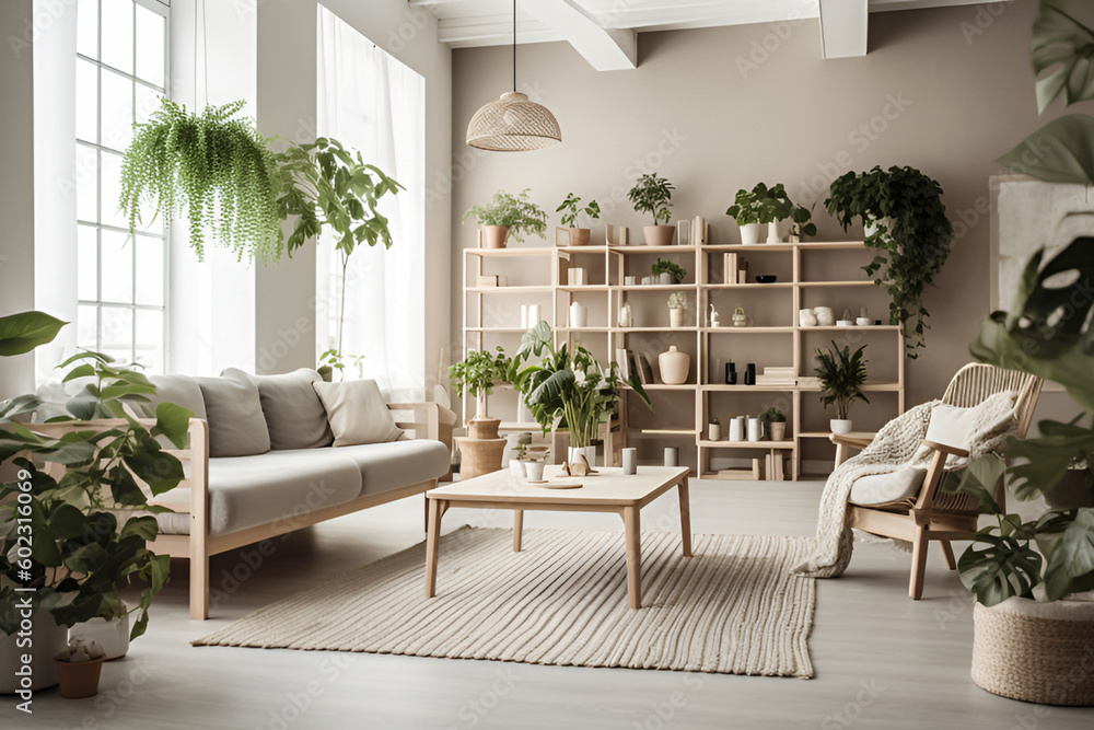 Fototapeta premium Modern interior in the style of minimalism. A large bright room with modern furniture, large stained glass windows and evergreen houseplants. Generated AI