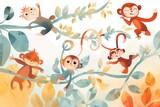 Illustration of cute monkeys on trees.