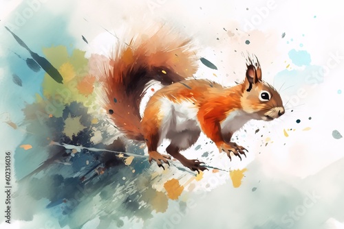 watercolor illustration of a squirrel on a branch with autumn leaves on a white background