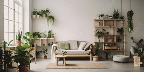 Modern interior in the style of minimalism. A large bright room with modern furniture, large stained glass windows and evergreen houseplants. Generated AI