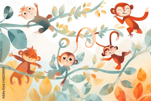 Illustration of cute monkeys on trees.