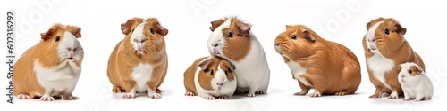 Animals pets guinea pigs banner panorama long - Collection of funny cute lying, sitting white brown dutch guinea pig (caviidae) family with young baby , isolated on white background, Generative Ai