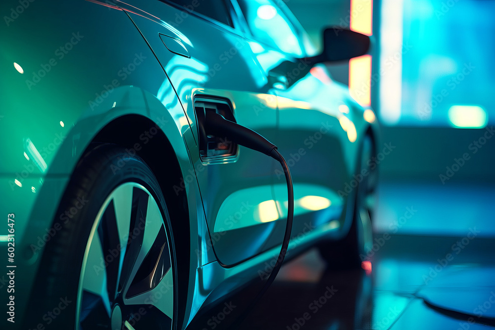 Close up of a modern electric car connected to a charger. Generative ai