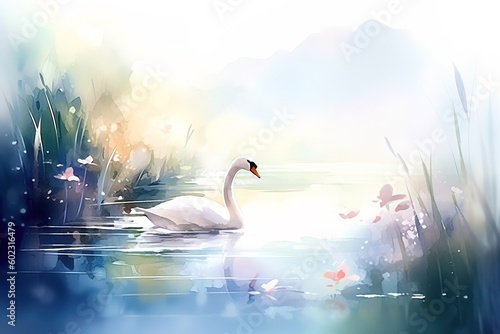 Fototapeta Naklejka Na Ścianę i Meble -  Illustration of a beautiful swan on a lake with reeds
