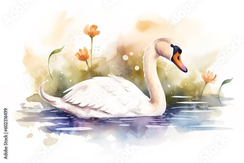 Fototapeta Naklejka Na Ścianę i Meble -  Beautiful vector watercolor illustration of a swan on the lake