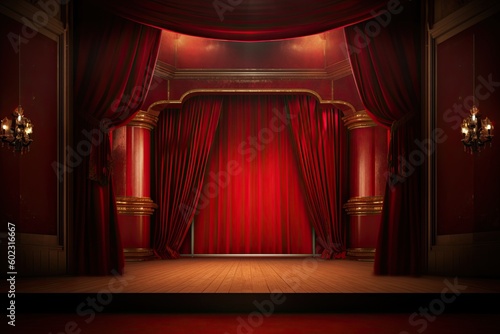 red theater podium stage open curtain spotlight ai generated background