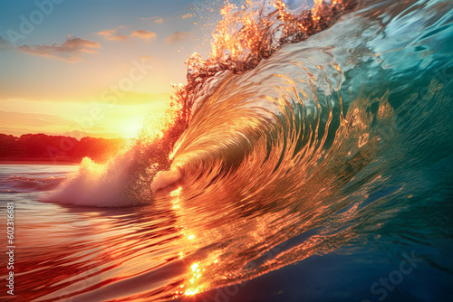 beautiful breaking surfing ocean wave closing at sunset time near tropical shore. Beautiful beach and seashore, vacation and surfing concept. 