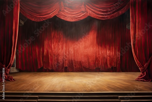 red theater podium stage open curtain spotlight ai generated background