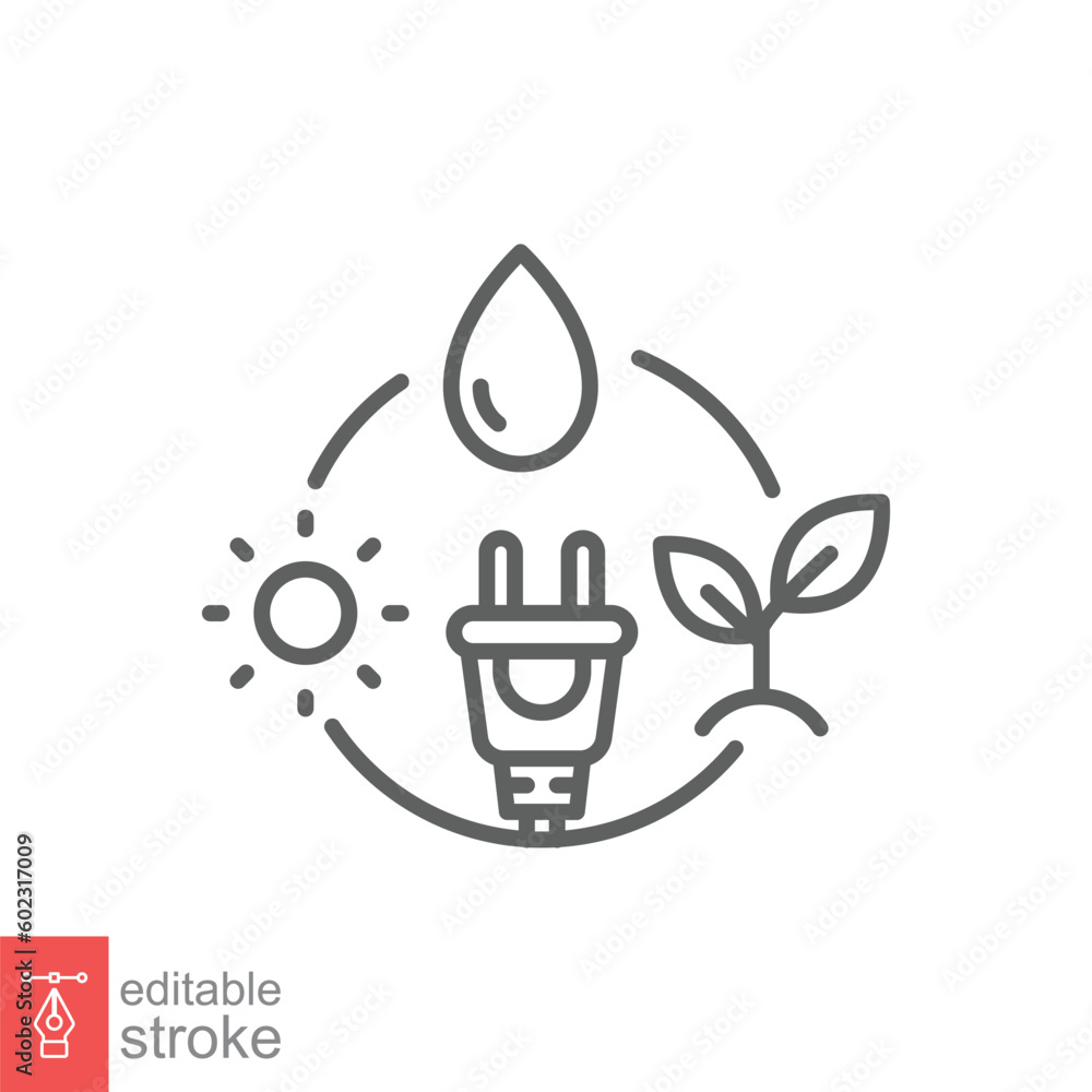 Renewable energy icon. Simple outline style. Zero emission, sustainability, green, eco concept. Thin line symbol. Vector symbol illustration isolated on white background. Editable stroke EPS 10. Renewable energy icon. Simple outline style. Zero emission, sustainability, green, eco concept. Thin line symbol. Vector symbol illustration isolated on white background. Editable stroke EPS 10.