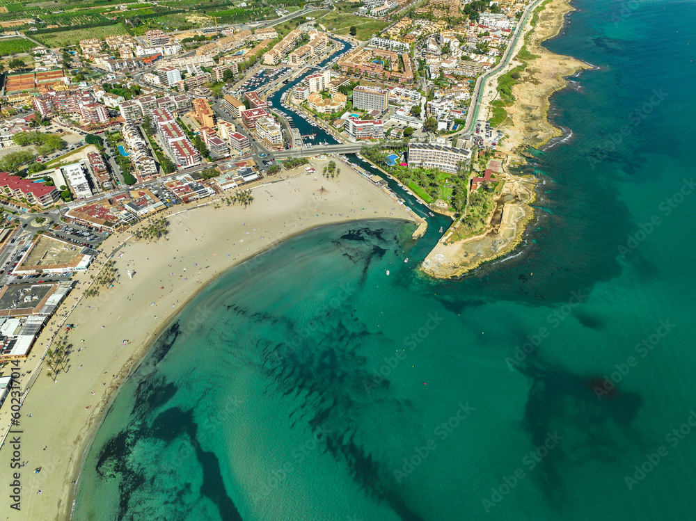 Alicante Vista aérea del Parador Nacional de Javea / Xavea y el canal navegable de la Marina Nou Fontana , Costa Blanca .