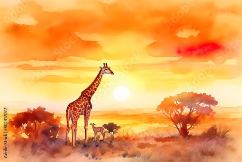 Watercolor illustration of a giraffe in the savannah at sunset