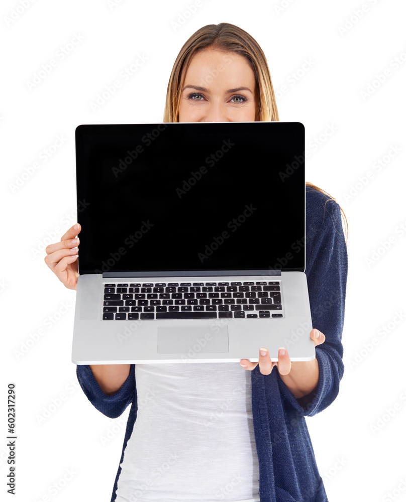 Naklejka premium Laptop screen, mockup and woman portrait isolated on a white background for website launch or coming soon. Person or model with computer mock up space for advertising or presentation in studio