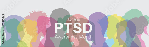 PTSD Awareness Month design with colorful silhouette people. Vector illustration photo