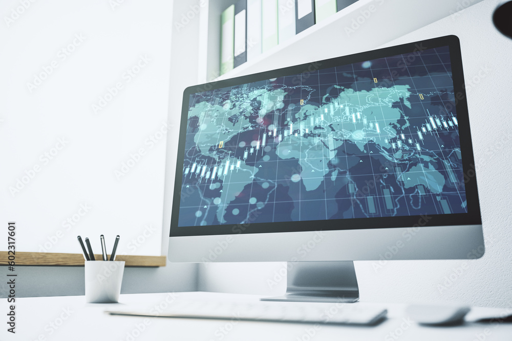 Modern computer screen with abstract creative financial chart with world map, research and analytics concept. 3D Rendering Modern computer screen with abstract creative financial chart with world map, research and analytics concept. 3D Rendering