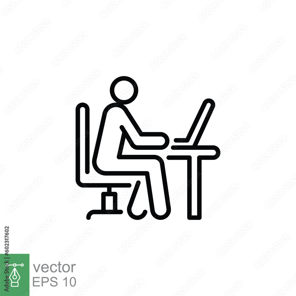 Man behind computer desk icon. Simple outline style. Person, work, laptop, table, chair office, workspace concept. Thin line symbol. Vector illustration isolated on white background. EPS 10. Man behind computer desk icon. Simple outline style. Person, work, laptop, table, chair office, workspace concept. Thin line symbol. Vector illustration isolated on white background. EPS 10.