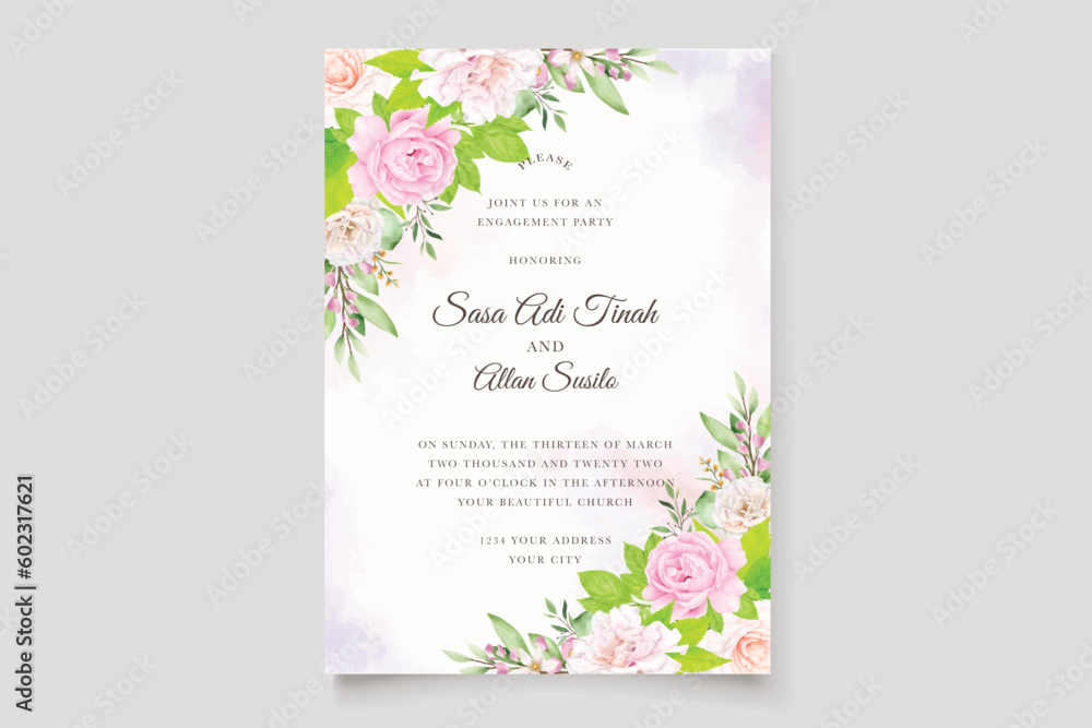 watercolor floral roses with pink color card