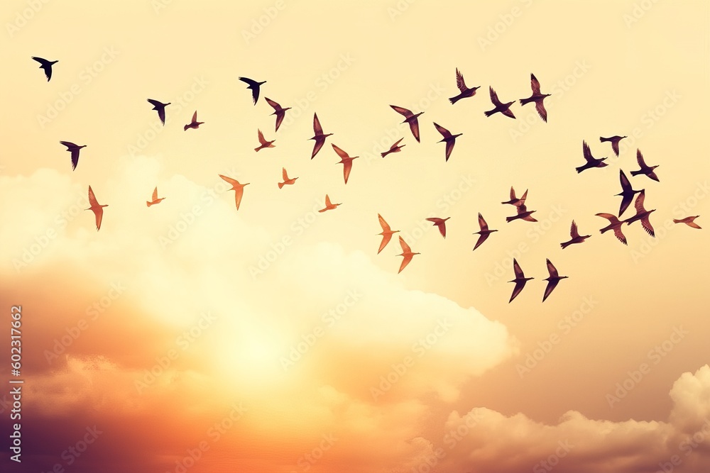 Fototapeta premium Flock of birds flying in the sky at sunset. Abstract background
