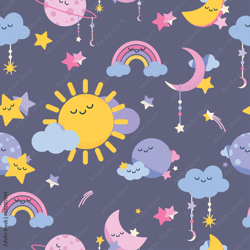 Purple unicorn, rainbow, moon, sun, cloud, kids children repeating seamless wallpaper
