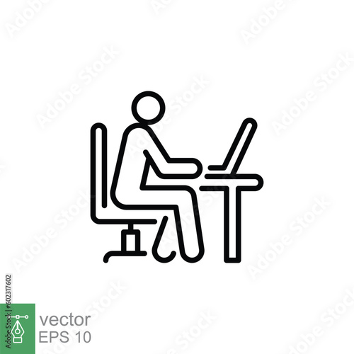 Man behind computer desk icon. Simple outline style. Person, work, laptop, table, chair office, workspace concept. Thin line symbol. Vector illustration isolated on white background. EPS 10.