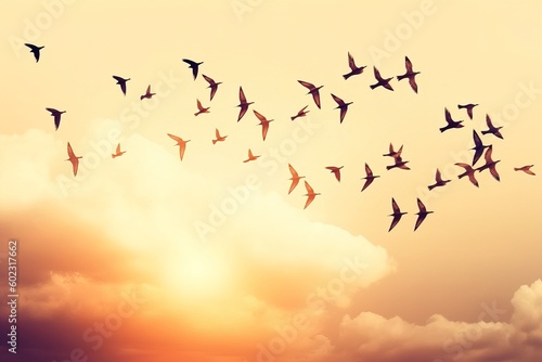Flock of birds flying in the sky at sunset. Abstract background © 22Imagesstudio