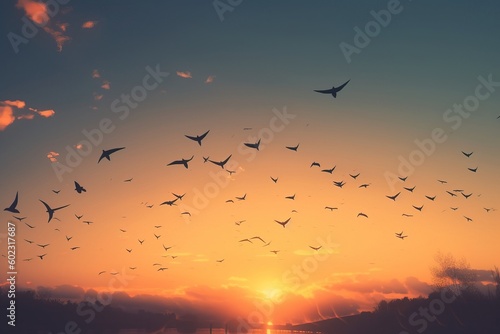 Flock of birds flying in the sky over the river at sunset