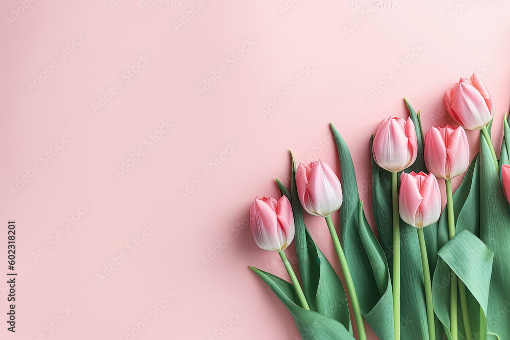 Spring flowers. Top view photo of bouquet of pink tulips on pink pastel color background. Flat lay. Mothers day and women days celebration. Spring flowers. Top view photo of bouquet of pink tulips on pink pastel color background. Flat lay. Mothers day and women days celebration.