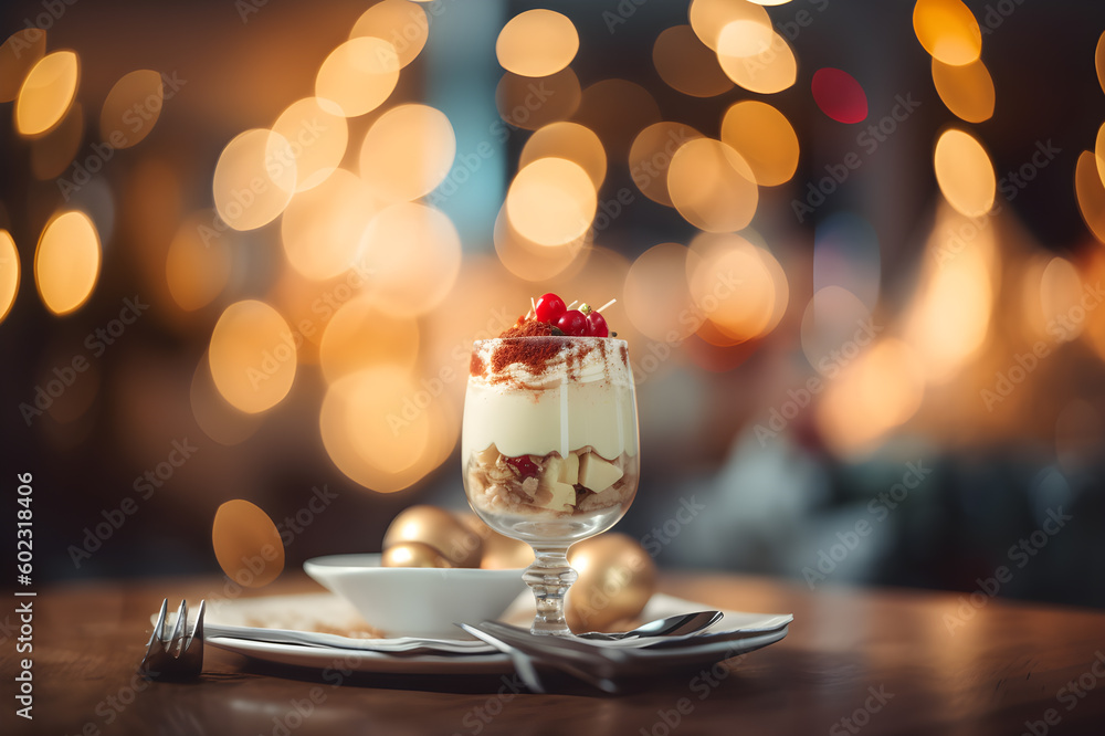 Food and drink against a festive restaurants bokeh background, Generative AI.