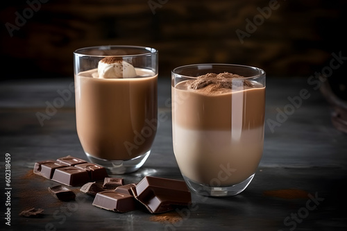Cocoa and milk decorated with chocolate bars. Generative AI.