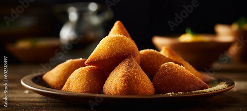 Coxinha, traditional Brazilian snack, breaded and fried with chicken. Generative AI. 