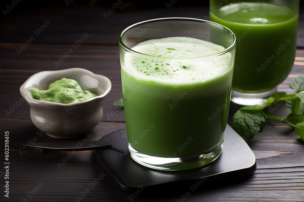 Iced Green matcha tea mixed with an ice cube and milk in a latte glass. Close up. Generative AI. Iced Green matcha tea mixed with an ice cube and milk in a latte glass. Close up. Generative AI.