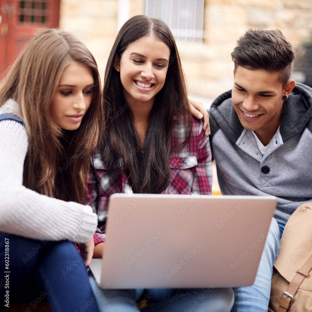 Students, laptop and research on campus for group project, diversity and online education in college. Learning, studying and happy friends at university with smile, internet and future opportunity. Students, laptop and research on campus for group project, diversity and online education in college. Learning, studying and happy friends at university with smile, internet and future opportunity.
