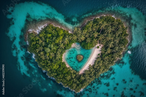 Aerial view of heart shaped exotic island. Generative ai.