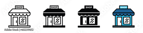 Store icon in thin line, flat, and color style on white background. Shop, market, supermarket, mall symbol for apps and websites. Vector illustration