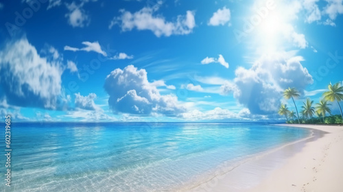 A beautiful beach with crystal blue water and white sand. AI generative © SANGHYUN