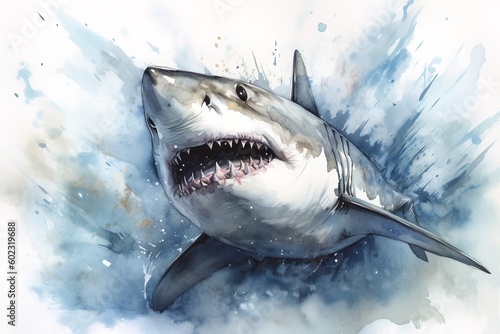Watercolor illustration of a Great White Shark (Carcharodon carcharias)