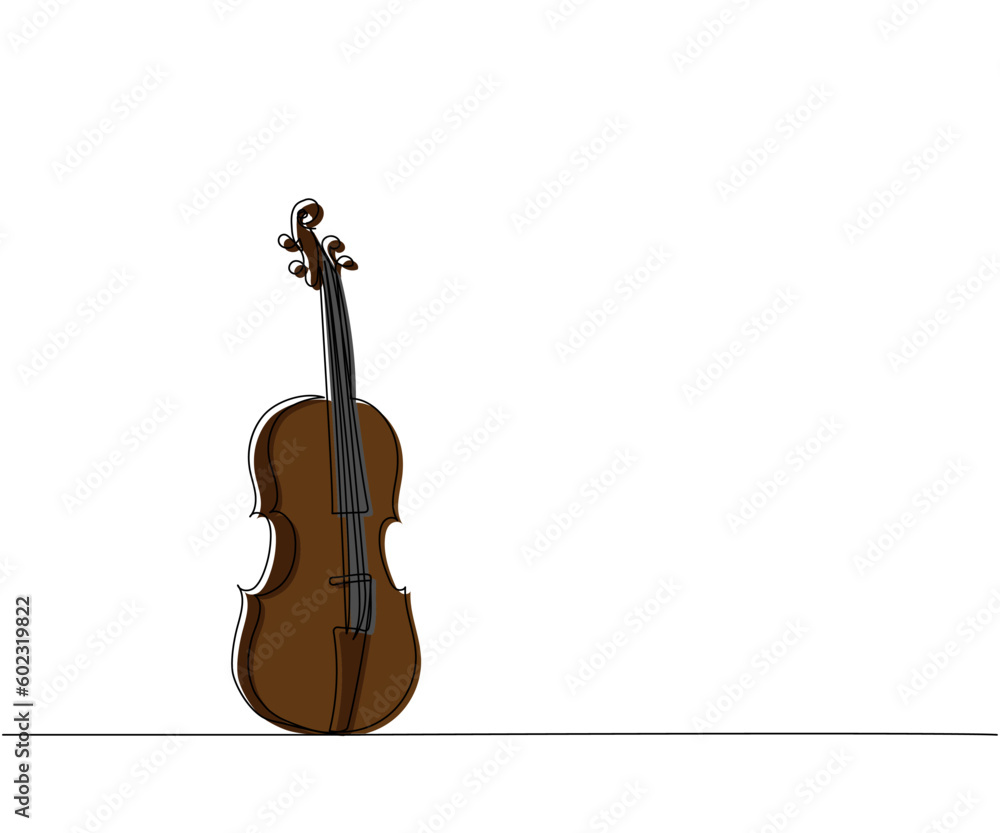 Violin one line color art. Continuous line drawing of musical, melody, violin, vintage, music, retro, symphonic, orchestra, playing, instrument, fiddle, viola, symphony, cello, musician, string.