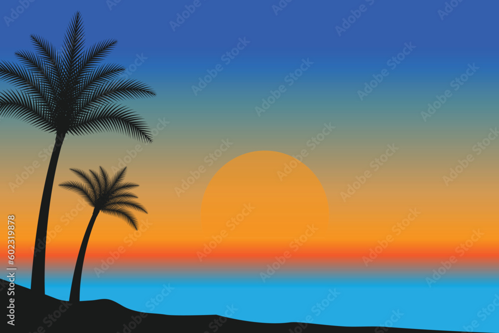 summer Sunset beach vector background, Sunset scene landscape background, tropical beach landscape illustration, Sunset beach with palm trees vector background, gradient beach scenery background 