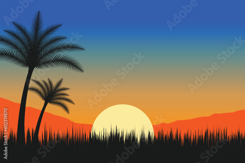 summer Sunset beach vector background  Sunset scene landscape background  tropical beach landscape illustration  Sunset beach with palm trees vector background  gradient beach scenery background 