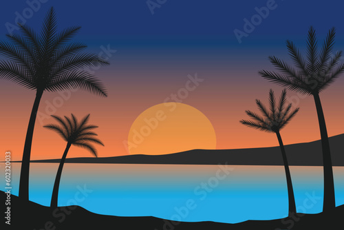 summer Sunset beach vector background  Sunset scene landscape background  tropical beach landscape illustration  Sunset beach with palm trees vector background  gradient beach scenery background 