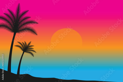 summer Sunset beach vector background, Sunset scene landscape background, tropical beach landscape illustration, Sunset beach with palm trees vector background, gradient beach scenery background  © Nurearth