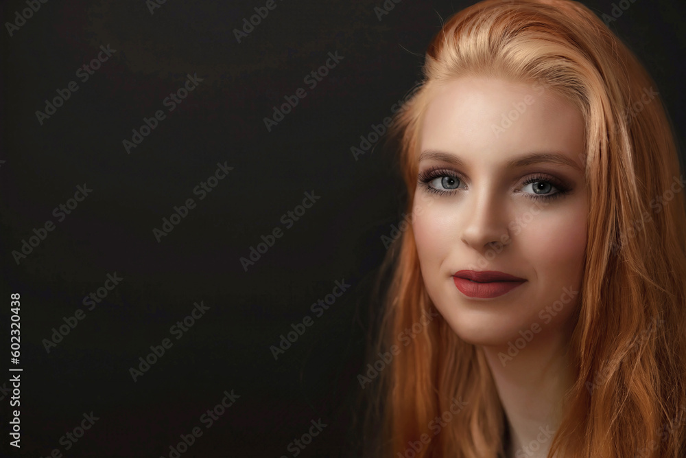 Portrait of smiling redhead young woman with red lips on the black background. Portrait of smiling redhead young woman with red lips on the black background.