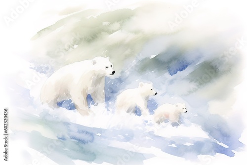 Polar bear mother with cubs on water. Watercolor painting